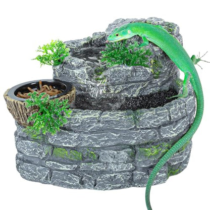 Reptile Water Fountain, Reptile Terrarium Waterfall Drinking Fountain with Food Dish for Bearded Dragon Lizard Leopard Crested Gecko Chameleon Frog
