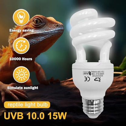 UVB Reptile Light, 10.0 15W UVA UVB Light for Reptiles, Spiral Compact Fluorescent UVB Bulb for Bearded Dragons Tortoise Lizards and Snakes - size: 5.5 in 10.0