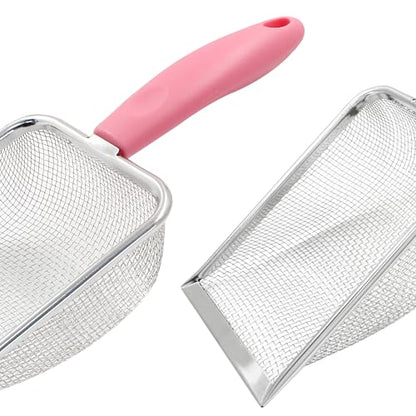 Hordion Cat Litter Scoop Stainless Steel Mesh Scooper, 2mm Mesh Non-Stick Coated Metal Litter Shovel Fine Sand Litter Scooper for Litter Box Kitten Pooper Lifter, Pink