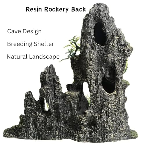 Saim Large Aquarium Mountain View Stone 11.02" Tall Resin Cave Ornament – Betta Hideout with Artificial Plants, for Cichlids Goldfish, Multi-Cave Aquascape Fish Tank Accessories