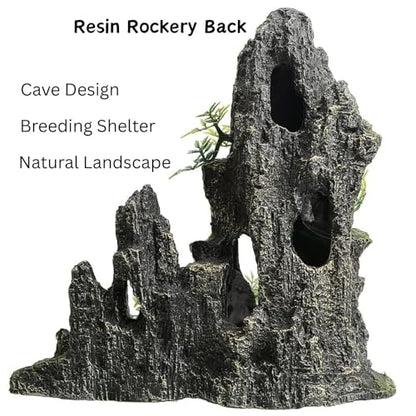 Saim Large Aquarium Mountain View Stone 11.02" Tall Resin Cave Ornament – Betta Hideout with Artificial Plants, for Cichlids Goldfish, Multi-Cave Aquascape Fish Tank Accessories