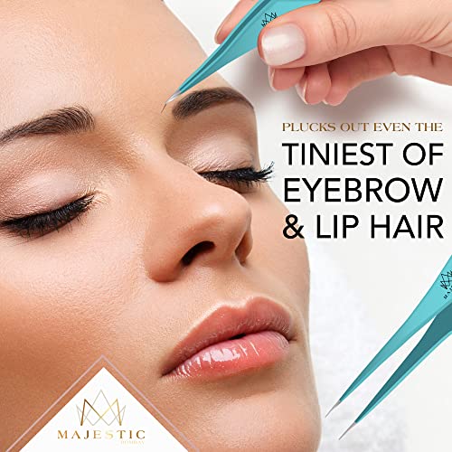 Majestic Bombay Fine Point Tweezers for Women and Men – Splinter Ticks, Facial, Brow and Ingrown Hair Removal–Sharp, Needle Nose, Surgical Tweezers Precision Pluckers best tweezers for chin hair - color: Teal Blue