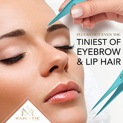 Majestic Bombay Fine Point Tweezers for Women and Men – Splinter Ticks, Facial, Brow and Ingrown Hair Removal–Sharp, Needle Nose, Surgical Tweezers Precision Pluckers best tweezers for chin hair - color: Teal Blue