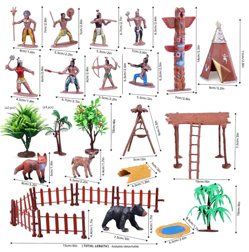 31Pcs Native American Village Playset, Assorted Indigenous People Figures with Tepee, Totem Pole, Fence, Trees, Animals, Tribal Cultural History Educational School Project Toys for Kids - style: Native