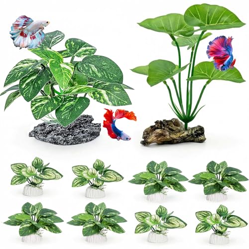 10 PCS Aquarium Decorations Silk Aquarium Plants Betta Fish Tank Decor Artificial Fish Tank Decorations Plants for Betta, Goldfish, Turtle & Reptile Tanks Ornament Accessories - color: D（green 10 Pack）