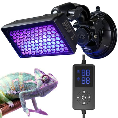 Adjustable UVB Reptile Light, UVB 1.0-10.0 Dimmable LED, Inside-Tank Suction Cup Mount, Auto Timer 4/8/12H, 100-240V, for Lizards Turtles Snakes Bearded Dragons Amphibians