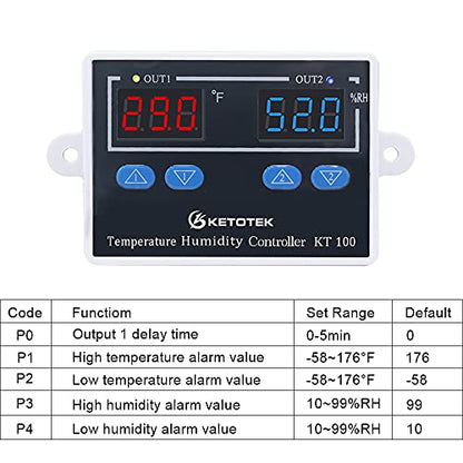 KETOTEK KT100 Humidity Temperature Controller 120V 10A Fahrenheit Digital Thermostat Humidistat Control Switch Direct Output with 1.5m Temperature Humidity Sensor