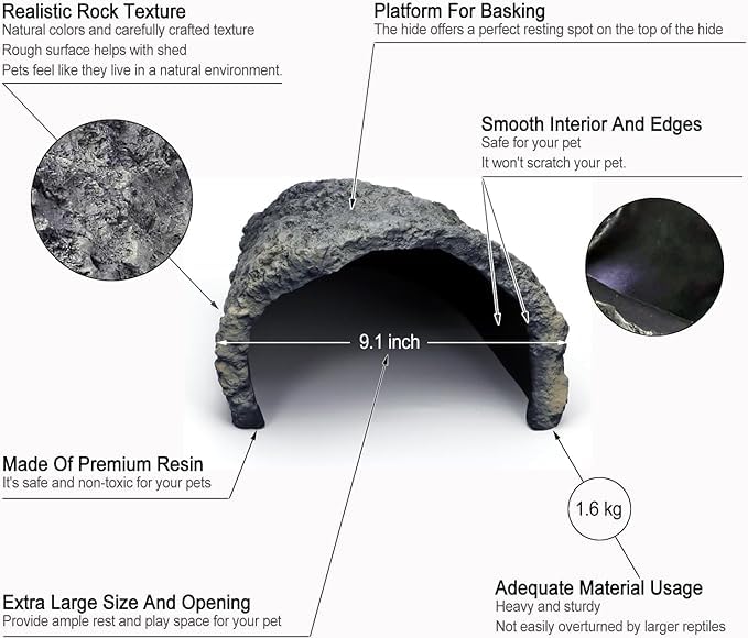 Oversize Resin Rock hides and Caves are Perfect for Oversized Reptiles, Creating a Natural Habitat in Reptile Aquariums. Ideal for Bearded Dragons, Snakes, Tortoises, and Other Terrarium Reptiles