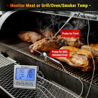 TempPro TP17 Dual Probe Digital Cooking Meat Thermometer Large LCD Backlight Food Grill Thermometer with Timer Mode for Smoker Kitchen Oven BBQ, Silver (Previously ThermoPro) - size: 2-probes