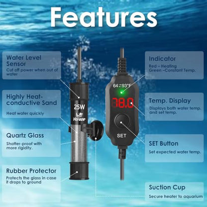 25W Compact Aquarium Heater for 3-5 Gallon Tanks | Super Short Submersible Fish Tank Heater with LED Digital Thermostat, Dry-Run & Overheat Protection, Memory Function - size: For Tanks 3-5 Gal