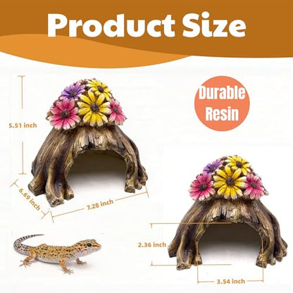 Humid Hide for Leopard Gecko – Resin Reptile Hide with Artificial Flowers, Tree Stump Cave for Crested Gecko Corn Snake Juvenile King Snake, Terrarium Decor Accessory (7.3"x6.7"x5.5")