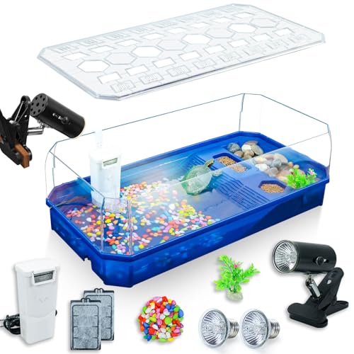 Aquatic Turtle Tank Habitat Kit Stone+Filter+Heat Lamp Enhancing Interaction with 360° Viewing, Standalone Filtration, DIY Creative Zone, Enriched Living (Blue, X-Large[with Light]) - color: Blue
