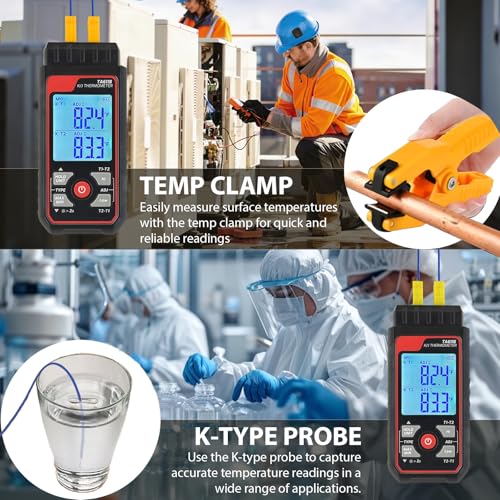 Digital K Type Thermocouple Thermometer (-328~2500℉), Dual Channels Thermometer with 2 HVAC Temperature Clamps & 2 Wired Thermocouple Probes, LED Backlight & ADJ Compensation Temperature Meter Tester