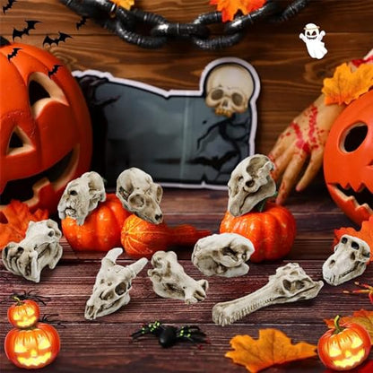 14 Pcs 1.5 Inch Mini Resin Animal Skull Heads Miniature Animal Skull Figurines Mini Halloween Skulls Mini Skull Figurine Miniature Skulls for Crafts Halloween Christmas Micro Landscape Decor