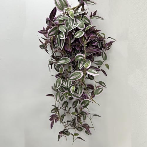 2Pcs 29.5" Artificial Wandering Jew Plants Faux Hanging Eyebrow Vine Purple Realistic Silk Fake Eyebrow Leaves Flowers for Home Office Wall Indoor Outdoor Garden Party Decoration