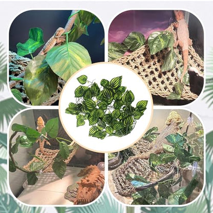 PINVNBY Bearded Dragon Hammock for Tank,Reptile Lounger with Suction Cups Natural Lizard Tank Accessories Seagrass Bed Flexible Jungle Climber Vines Leaves Habitat Decor for Chameleon Gecko(5 Pcs)