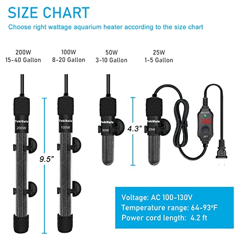 YukiHalu Small Submersible Aquarium Heater, Adjustable Mini Fish Tank Heater 25W 50W 100W 200W 300W with External Temperature Controller, LED Display, Used for 5/10/20/40/60 Gallons (25 Watts) - size: 25 Watts
