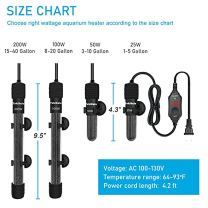 YukiHalu Small Submersible Aquarium Heater, Adjustable Mini Fish Tank Heater 25W 50W 100W 200W 300W with External Temperature Controller, LED Display, Used for 5/10/20/40/60 Gallons (25 Watts) - size: 25 Watts