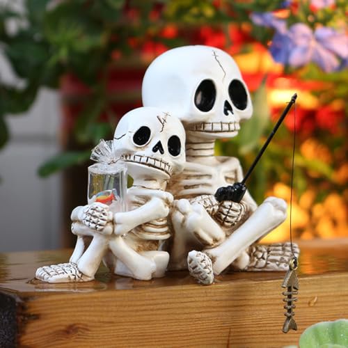 Fishing Skeleton Couple Statue Halloween Decorations, 3.54 Inch Funny Sitting Skull Figurine Shelf Sitter Resin Sculpture for Outdoor Garden Yard Lawn Pond Waterfalls Pool Ornaments - color: Skeleton Couple