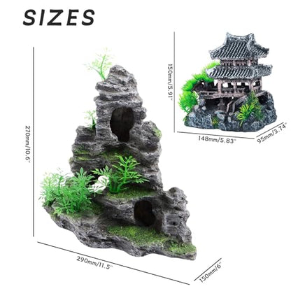 Saim Large Aquarium Decor Set - Resin Castle & Mountain Stone, 2Pack | Resin Castle and Mountain View Stone Ornament, Fish Tank Rock Decor & Aquatic Plant Background, Freshwater/Saltwater Tanks - size: 11.5x6x10.6+5.83x3.74x5.91
