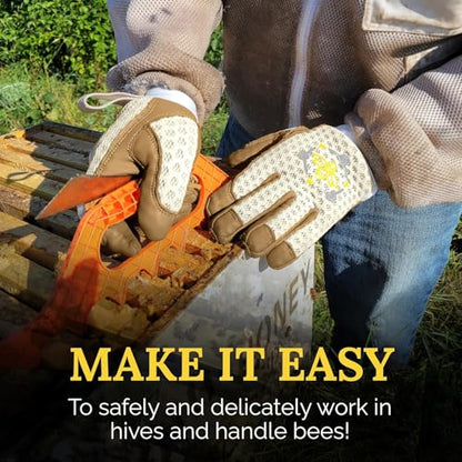 Professional Beekeeping Gloves, Premium 5mm Goatskin w/Patented Ventilation & Dexterity - Beekeeping Supplies - color: Off-white, size: Large