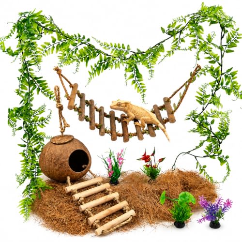 Crested Gecko Tank Accessories, Reptile Bridge and Plants with Coconut Shell Ladder Hideout, Natural Terrarium Decor for Lizard, Chameleon, Leopard Gecko, Snake, Hermit Crab and Tortoise (8PCS) - color: Group A