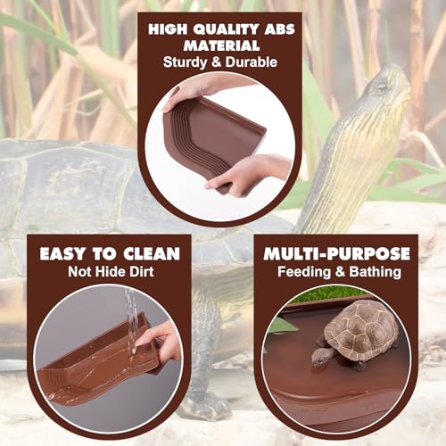 Tortoise Water Dish with Ramp, 3-Piece Tortoise Food & Water Bowls with Leaf Food Dish for Small Reptiles like Bearded Dragon, Gecko & Lizard