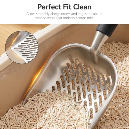Cat Litter Scoop, Kitty Metal Scooper, Heavy Duty Aluminum Deep Sifter with Long Handle, Rustproof Durable Kitten Poop Shovel for Travel & Small Litter Box - color: Black, size: Medium