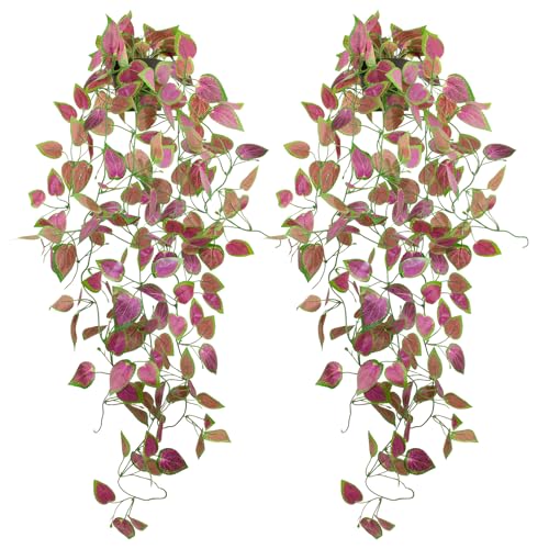LOYWREE 2 Pack Artificial Purple Ivy Hanging Vine Plants - Small Potted Long Trailing Cascading Foliage, Gothic Home Decor for Indoor/Outdoor, Office, Garden & Shelf (Black Pot) - color: Perilla, size: 2Pack