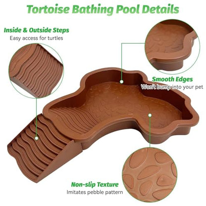 PINVNBY Large Reptile Bathing Pool Tortoise Water Dish with Removable Ramp and Leaf Reptile Food Dish & Water Bowl Tortoise Habitat Accessories for Turtle Lizard Gecko Snake (Red)