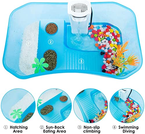 Turtle Tank with Multi-Function Areas, Easy Assembly, Ideal for Small Turtles & Reptiles, Includes Plastic Tree & Fishing Net - color: blue+pump light