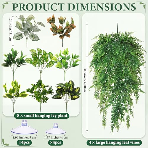 Suncalla 12 Pcs Reptile Plants Terrarium Hanging Plant Vines Artificial Leaves with Suction Cups Climbing Foliage for Bearded Dragon Lizard Gecko Snake Tank Accessories Decor(Petite Leaf Series) - style: Petite Leaf Series