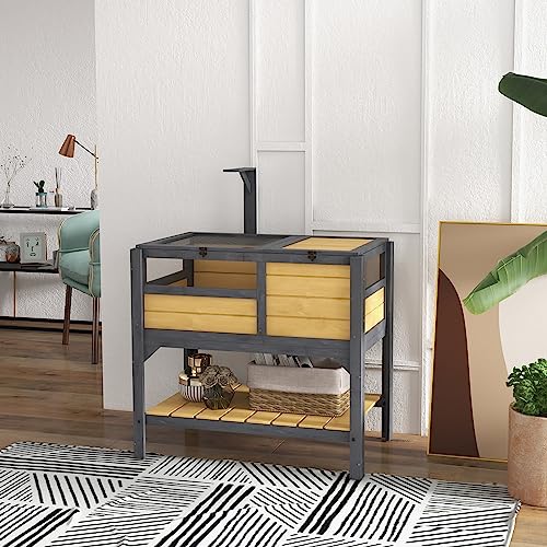 Turtle Habitat Enclosure, Large Wooden Tortoise House for Indoor and Outdoor Use, Reptile Enclosure with Openable Roof & Secure Locking System (Yellow+Storage Shelf)