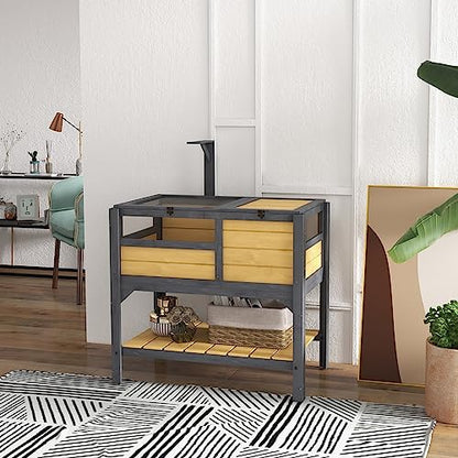 Turtle Habitat Enclosure, Large Wooden Tortoise House for Indoor and Outdoor Use, Reptile Enclosure with Openable Roof & Secure Locking System (Yellow+Storage Shelf)