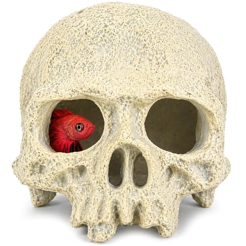 Skull Terrarium Decor Reptile Hideout for Tank(White) | Realistic Resin Skull Hideouts,Decorative Skeleton Head Caves for Betta Fish Juvenile Ball Python Gecko Tarantula - color: White