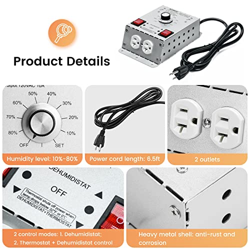 Crawl Space Humidistat Controller, Briidea Dehumidistat and Thermostat Control with 2 Plug in Outlets, Ideal for Basements Attics Garages, Reduce the Crawl Space Humidity Level