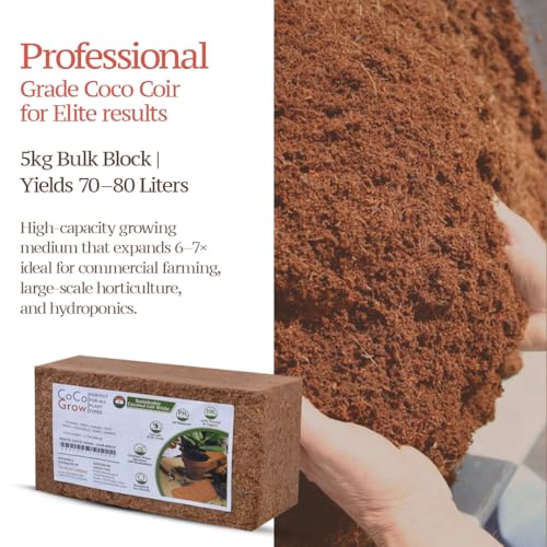 ROOTS Sustainable Coconut Coir Bricks - 5kg, Yields 70-80 liters Low EC Coco Coir Growing Medium, Pre-Buffered & pH Balanced, High Water Retention for Hydroponics & Seed Starting, Pack of 6