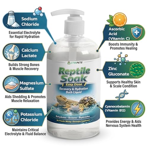 CTWPets Reptile Electrolyte Soak – Vitamin & Electrolyte Bath Concentrate for Bearded Dragons, Leopard Geckos, Tortoises & Snakes – Makes 100+ Baths (8oz, Easy Soak) - size: 8 Fl Oz (Pack of 1)