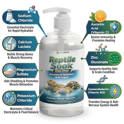 CTWPets Reptile Electrolyte Soak – Vitamin & Electrolyte Bath Concentrate for Bearded Dragons, Leopard Geckos, Tortoises & Snakes – Makes 100+ Baths (8oz, Easy Soak) - size: 8 Fl Oz (Pack of 1)