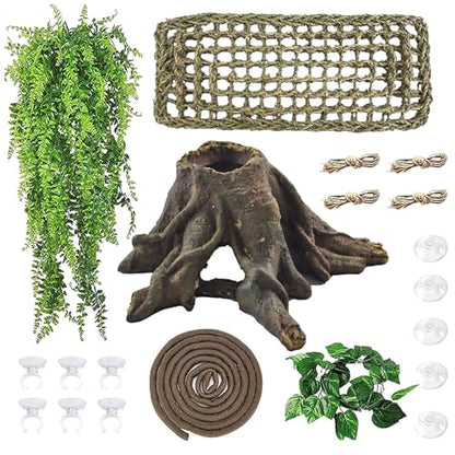 5 PCS Tank Accessories for Bearded Dragon Include Resin Hollow Tree Root Reptile Habitat Hideout Decor Hanging Jungle Vines Flexible Leaves Climbing Decorations for Lizard Gecko Chameleon Spider