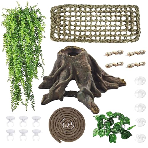 5 PCS Tank Accessories for Bearded Dragon Include Resin Hollow Tree Root Reptile Habitat Hideout Decor Hanging Jungle Vines Flexible Leaves Climbing Decorations for Lizard Gecko Chameleon Spider