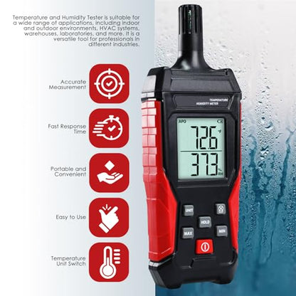 Humidity Temperature Meter, High Precision Digital Psychrometer HVAC with Ambient Temperature Handheld Hygrometer Moisture Meter w/Data Hold, Min/Max, 4 Digits Display Backlit for Outdoor Indoor Use