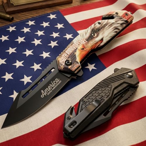 Snake Eye Tactical Folding Pocket Knife - God Bless America 250th Anniversary Patriotic Design - Metal Handle with Pocket Clip (American Eagle) - color: American Eagle