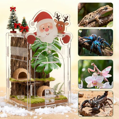 Santa Claus Jumping Spider Enclosure, Magnetic Acrylic Habitat Terrarium with Secure Doors, 4x4x6.3 Inch Small Desktop Decor Gift for Spider, Mantis, Beetles - size: 4"x4"x6.3"