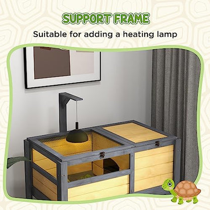 Turtle Habitat Enclosure, Large Wooden Tortoise House for Indoor and Outdoor Use, Reptile Enclosure with Openable Roof & Secure Locking System (Yellow+Storage Shelf)