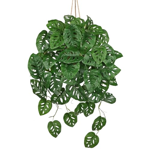 Large Fake Hanging Plants in Pot for Indoor & Outdoor, Long Artificial Monstera Albo Long Plants, 27.6" Fake Potted Vines Ivy Greenery Plant for Room Wall Shelf Decor Living Room Bathroom Patio Porch - color: #2 Green Monstera Albo