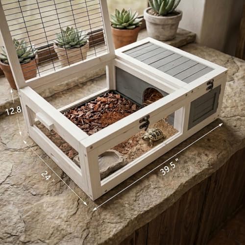 39.5" Wood Tortoise House Indoor Outdoor Turtle Habitat - XL Small Animal Hutch with 3 Acrylic Windows, Waterproof Pull-Out Tray & Sleeping Area for Lizards, Geckos, Snakes, Grey