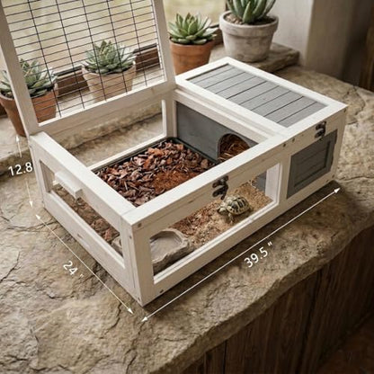 39.5" Wood Tortoise House Indoor Outdoor Turtle Habitat - XL Small Animal Hutch with 3 Acrylic Windows, Waterproof Pull-Out Tray & Sleeping Area for Lizards, Geckos, Snakes, Grey