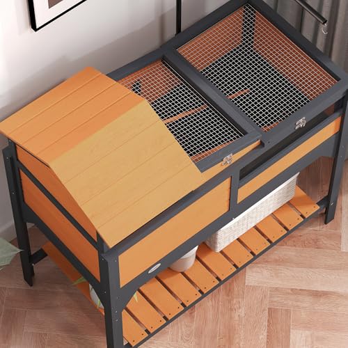 PawHut Tortoise Habitat with Adjustable Lamp Holder, 2 Layer Tortoise Enclosure with Storage Shelf, Removable Main House, Fixed Tray, Openable Lid, Yellow - color: Yellow