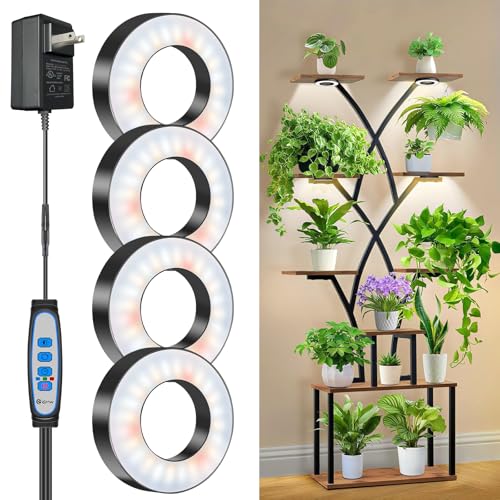Wiaxulay Grow Lights for Indoor Plants, 192 LED Full Spectrum Plant Lights for Indoor Growing, 12V/2A Under Cabinet Grow Lamp with Auto Timer 6/12/16 Hrs, 3 Lighting Mode, 5 Brightness, Four Head - size: 3.5in-Four Head